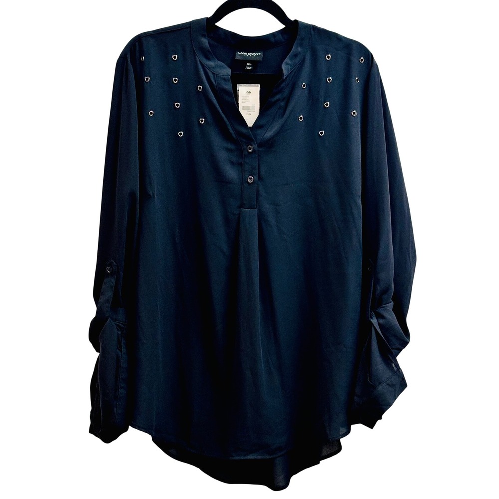NWT Lane Bryant Black Grommet Studded Roll Tab Sleeve Blouse Plus Size 22/24